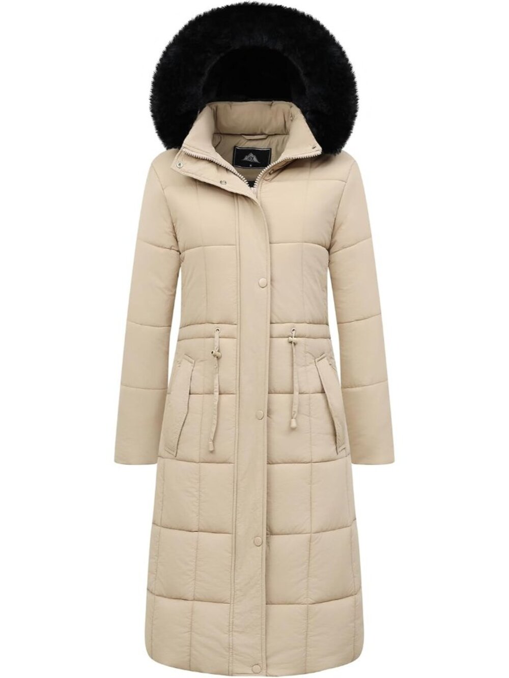 Women's Beige Faux Fur Trim Hooded Long Waterproof Winter Puffer Parka Jacket
